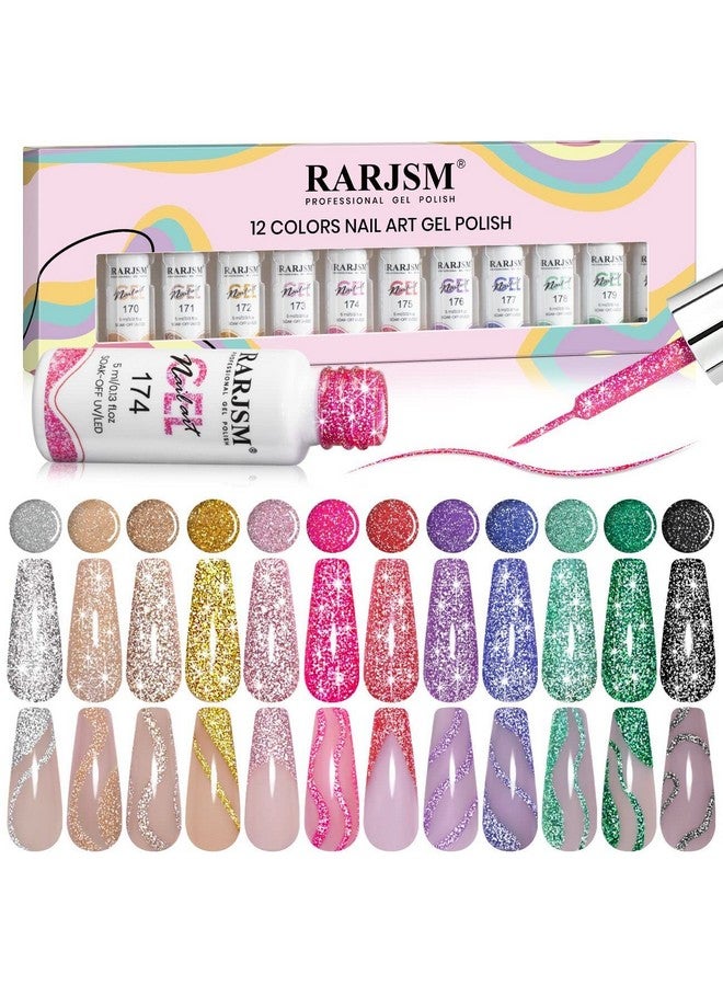 RARJSM Reflective Glitter Nail Art Gel Liner Flash Diamond Painted Polish 12 Colors 5ml Sparkle Silver Brown Hot Pink Green Black Pigment UV LED Soak off Curing Requires for Design - Image 1