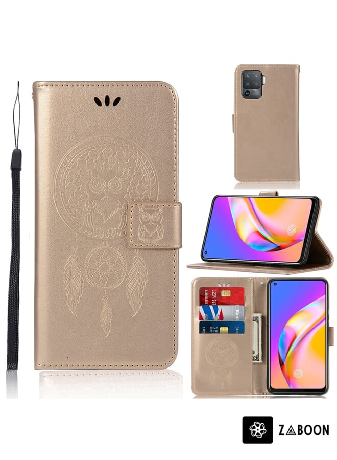 Zaboon غطاء حماية لهاتف OPPO A94 / A95 5G بنمط طباعة البومة مع جرس الرياح وحافظة وفتحات بطاقات ومحفظة - Image 1