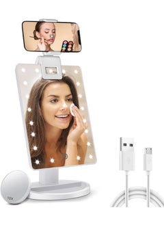 COSMIRROR Lighted Makeup Vanity Mirror with Phone Holder and 10X Magnifying Mirror, 21 LED Lighted Mirror with Touch Sensor Dimming, 180°Adjustable Rotation, Dual Power Supply, Portable Cosmetic Mirror 