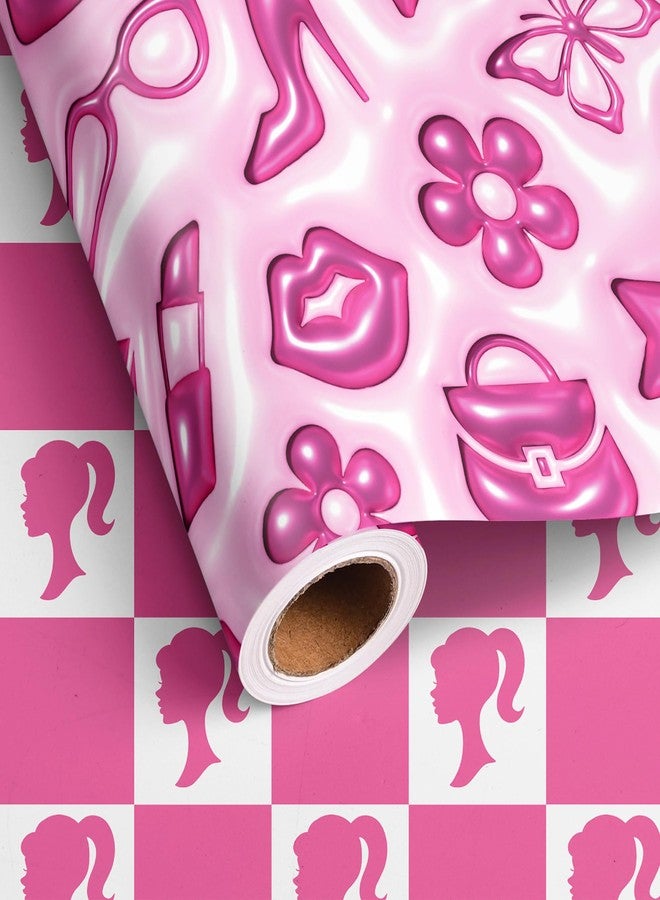 Vnaaem 3D Effect Girl Princess Wrapping Paper Roll for Girls Women - Pink Girl Birthday Design Gift Wrap Sheets for Holiday Baby Shower Wedding Bridal Shower DIY Craft Party(Total 28.5sq.ft - Image 1