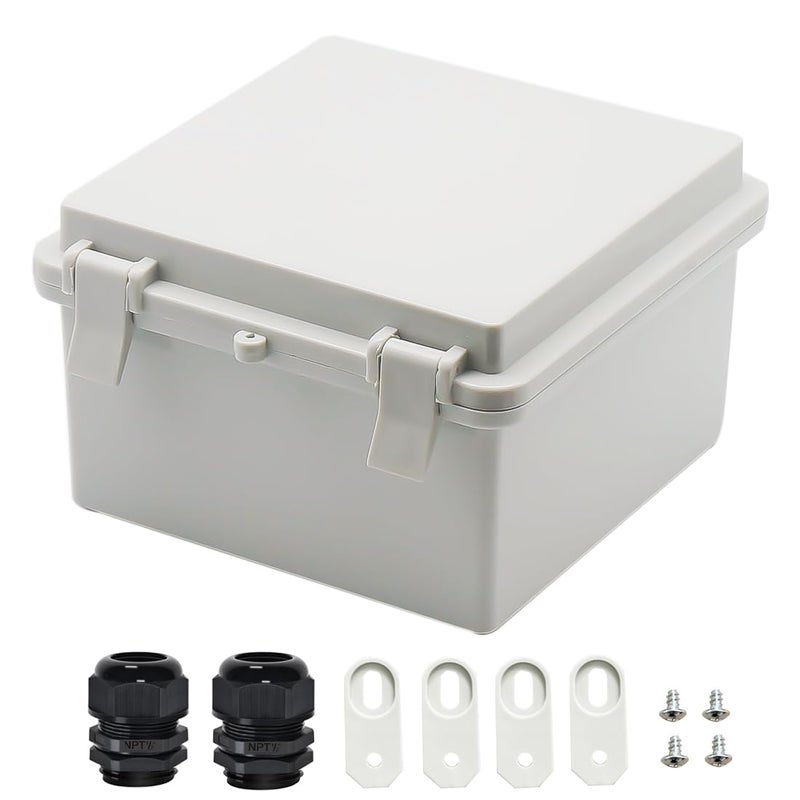Zulkit Junction Box ABS Plastic Dustproof Waterproof IP65 Electrical Boxes Hinged Shell Outdoor Universal Project Enclosure with 2 Cable Glands 59 x 59 x 35 inch 150x150x90 mm