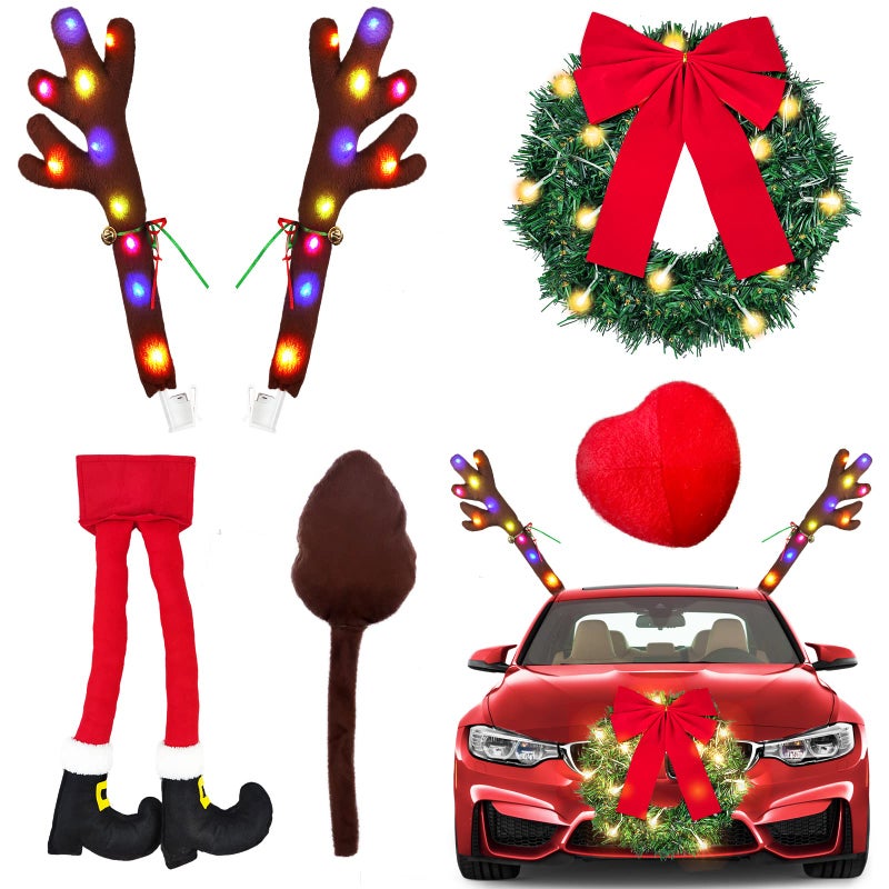 YIXIN 6 Piece Car Reindeer Antlers Kit Christmas Ornament with LED Lights Hanging Santa Legs and Christmas Wreath Auto Accessories Christmas Car Decorations red6pcs