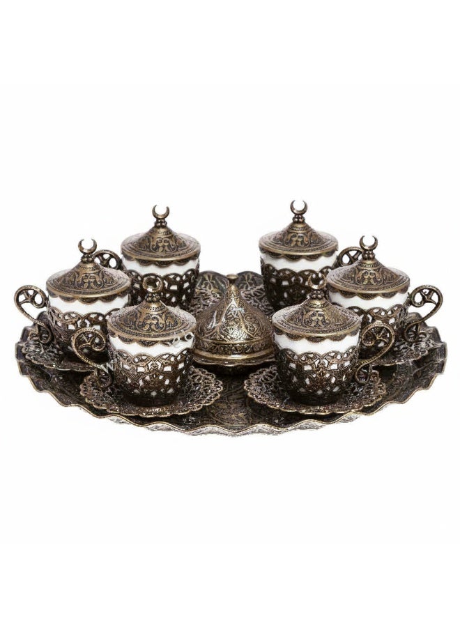 أكار طقم قهوة تركية فاخر لـ 6 أشخاص بالتراث العثماني الأنيق مع صحون، حوامل، أغطية فناجين، صينية وطبق مغطى للحلويات – باللون البرونزي الساحر – صناعة تركية - Image 1