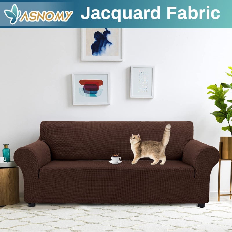 Asnomy Couch Covers for 3 Cushion Couch Sofa pet Friendly, 3 Seater Sofa Cover Washable Slipcovers, Protector Furniture Covers for Dogs Jacquard Fabric Small Checks ï¼ˆLargeï¼ŒChocolateï¼‰ - Image 2