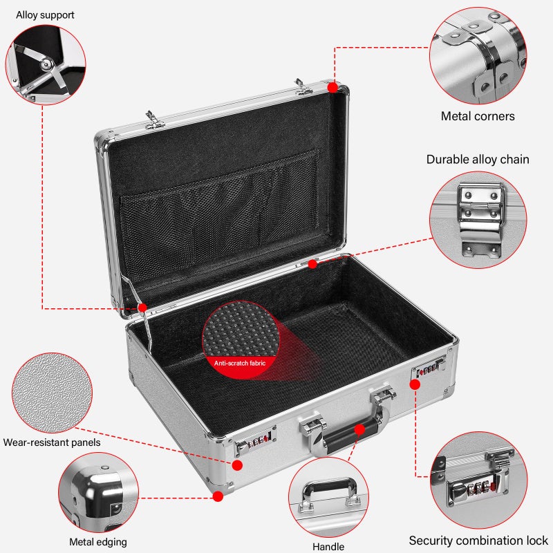 LOCKCURX File Organizer Storage Box - 16.9 x 12.2 x 6.3 Inch Large, Portable Locking Storage Totes with Dual Combination Locks for Cash, Documents & Valuables - Silver - Image 4