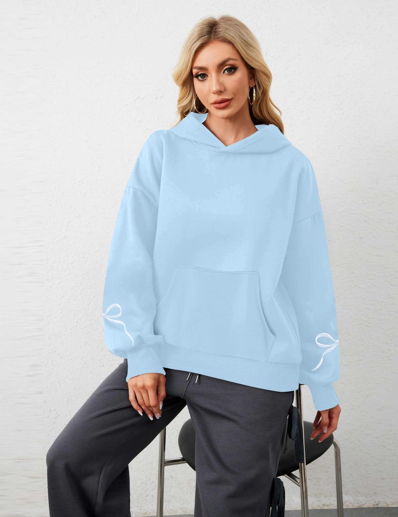 MAXIMGR Oversized Bow Hoodie Cute Clean Girl Embroidered Sweatshirts Coquette Preppy Sweater Y2k Pullover Top Teen Girls Blue - Image 3