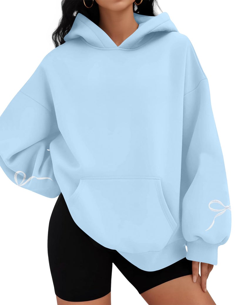 MAXIMGR Oversized Bow Hoodie Cute Clean Girl Embroidered Sweatshirts Coquette Preppy Sweater Y2k Pullover Top Teen Girls Blue - Image 1