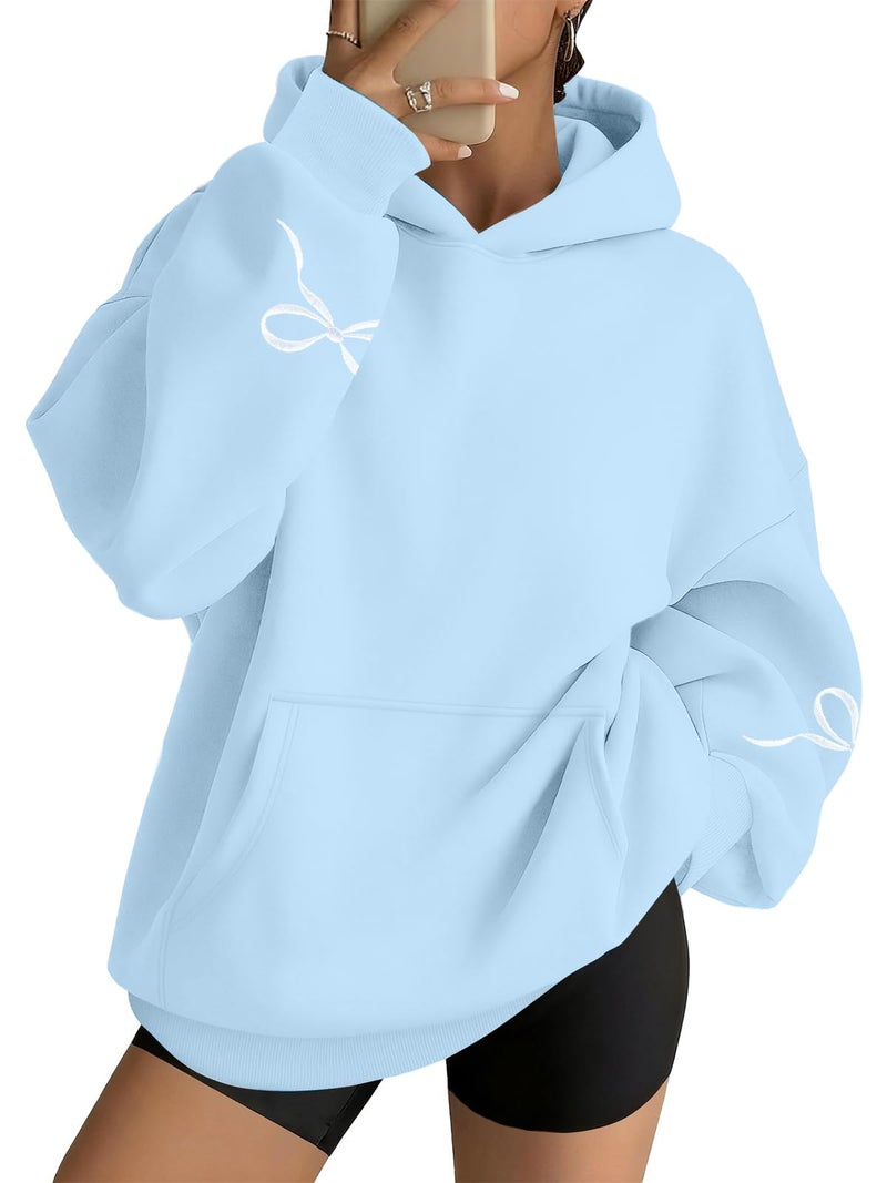MAXIMGR Oversized Bow Hoodie Cute Clean Girl Embroidered Sweatshirts Coquette Preppy Sweater Y2k Pullover Top Teen Girls Blue - Image 2