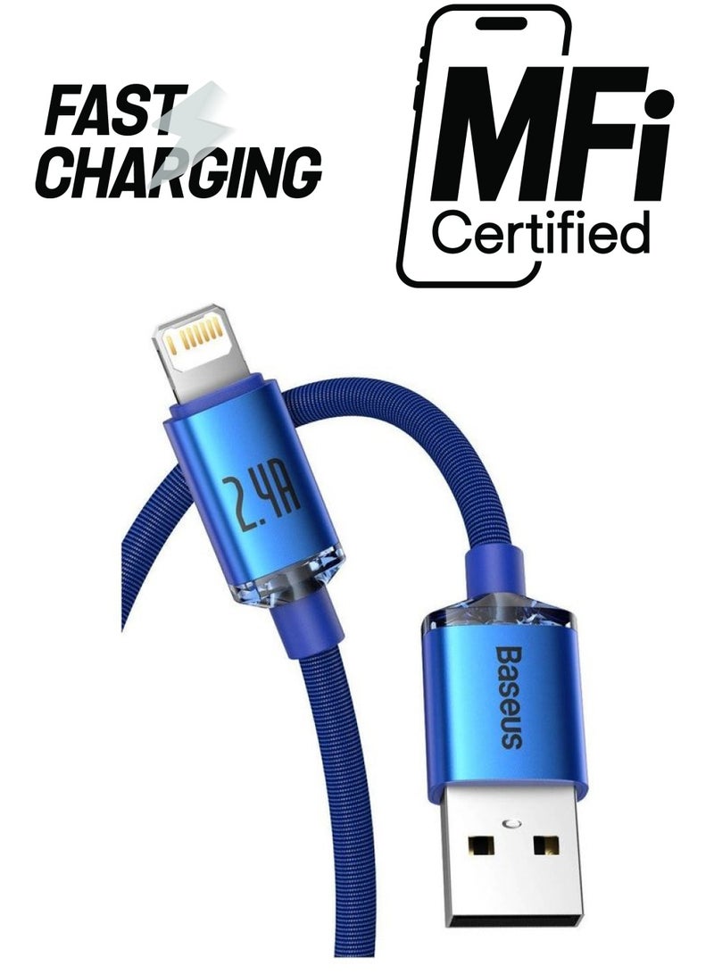 Baseus USB-A to Lightning Braided Cable (1.2m) Crystal Shine Series Charge & Sync Cable For Apple iPad, AirPods, iPhone 13/12/11, 11 Pro, 11 Pro Max, XS, XS Max, XR, X, 8SE/8/8 Plus and More - Blue - Image 1