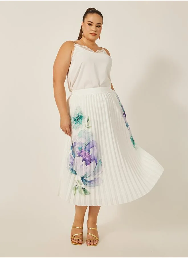 ستايلي Plus Size Printed A-Line Midi Skirt with Pleated Detail