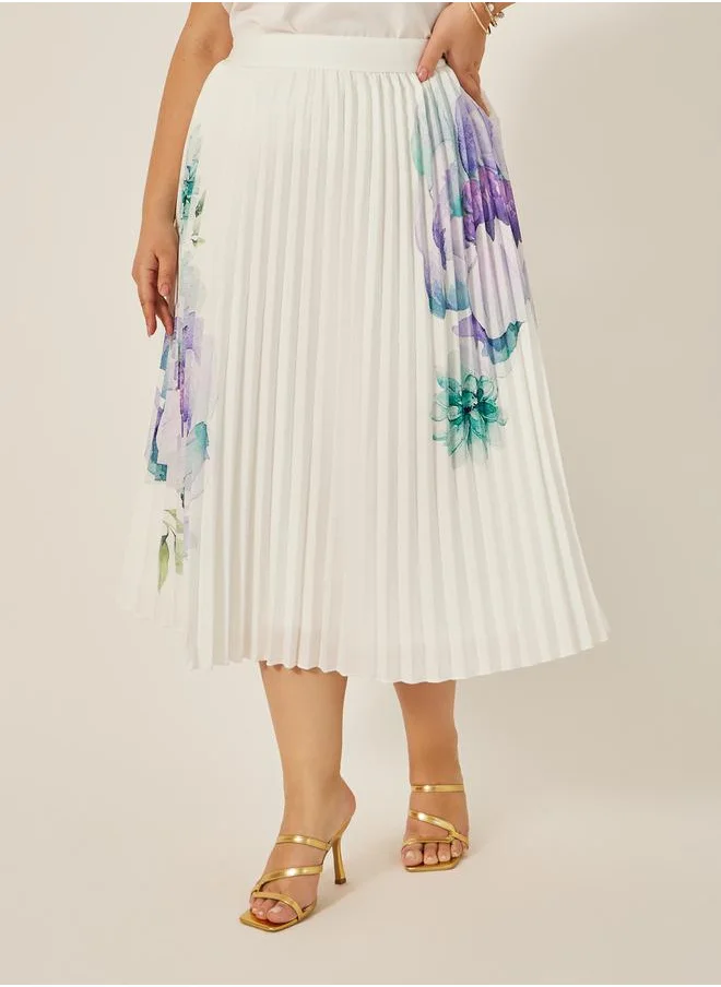 ستايلي Plus Size Printed A-Line Midi Skirt with Pleated Detail