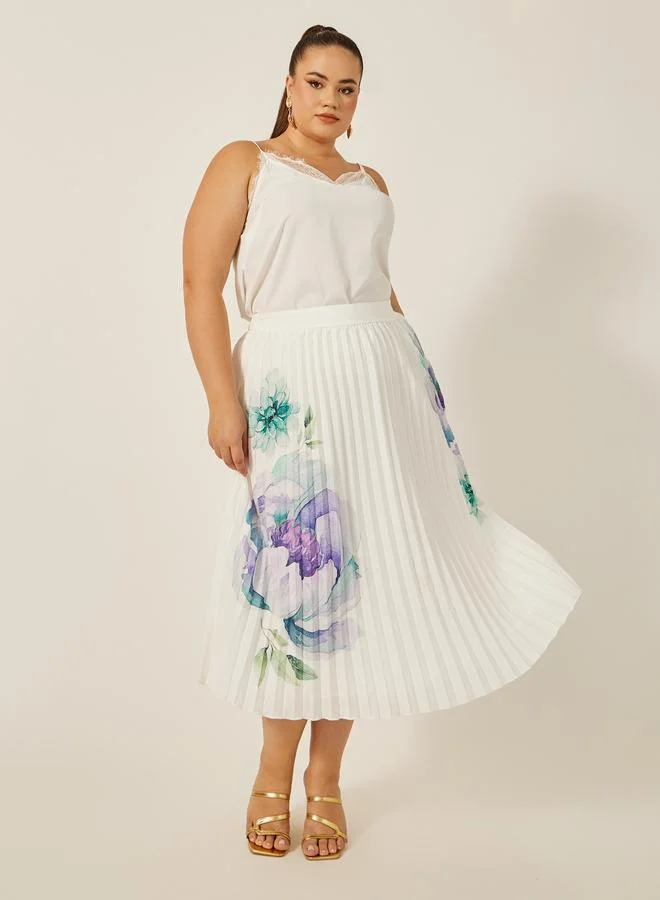 ستايلي Styli Plus White Midi Skirt with Pleated and Floral Print