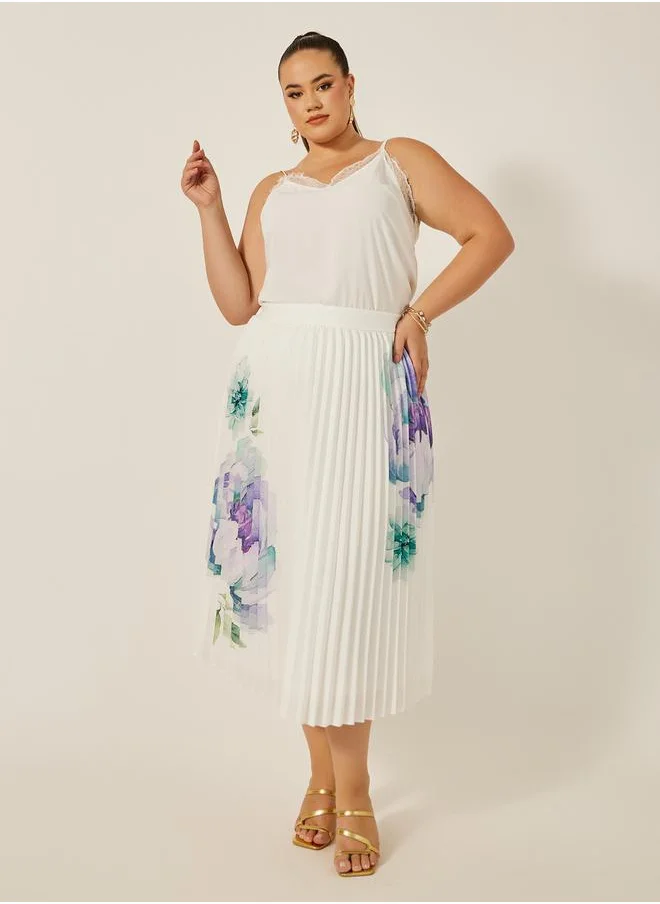 Styli Plus Size Printed A-Line Midi Skirt with Pleated Detail