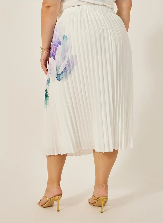 Styli Plus Size Printed A-Line Midi Skirt with Pleated Detail