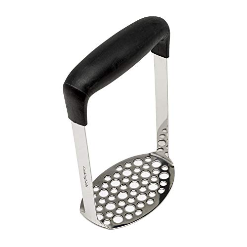 Cooking Light Heavy Duty Stainless Steel Masher, Broad and Ergonomic Horizontal, Fine Plate for Smooth Mashed Potatoes, Soft Grip and Non-Slip Handle, Black - Image 1
