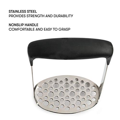 Cooking Light Heavy Duty Stainless Steel Masher, Broad and Ergonomic Horizontal, Fine Plate for Smooth Mashed Potatoes, Soft Grip and Non-Slip Handle, Black - Image 2