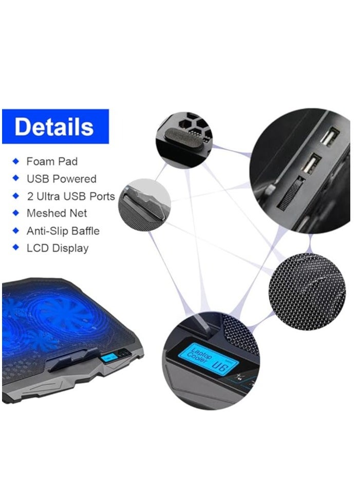 Riamoon - Riamoon Quiet Laptop Cooling Fan 2 USB Ports with Blue LED Light LCD Display for 10-15.6in PC - Image 1