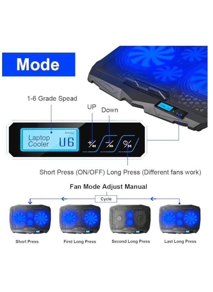 Riamoon - Riamoon Quiet Laptop Cooling Fan 2 USB Ports with Blue LED Light LCD Display for 10-15.6in PC - Image 1