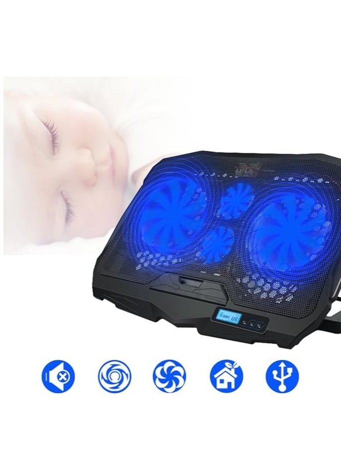 Riamoon - Riamoon Quiet Laptop Cooling Fan 2 USB Ports with Blue LED Light LCD Display for 10-15.6in PC - Image 1