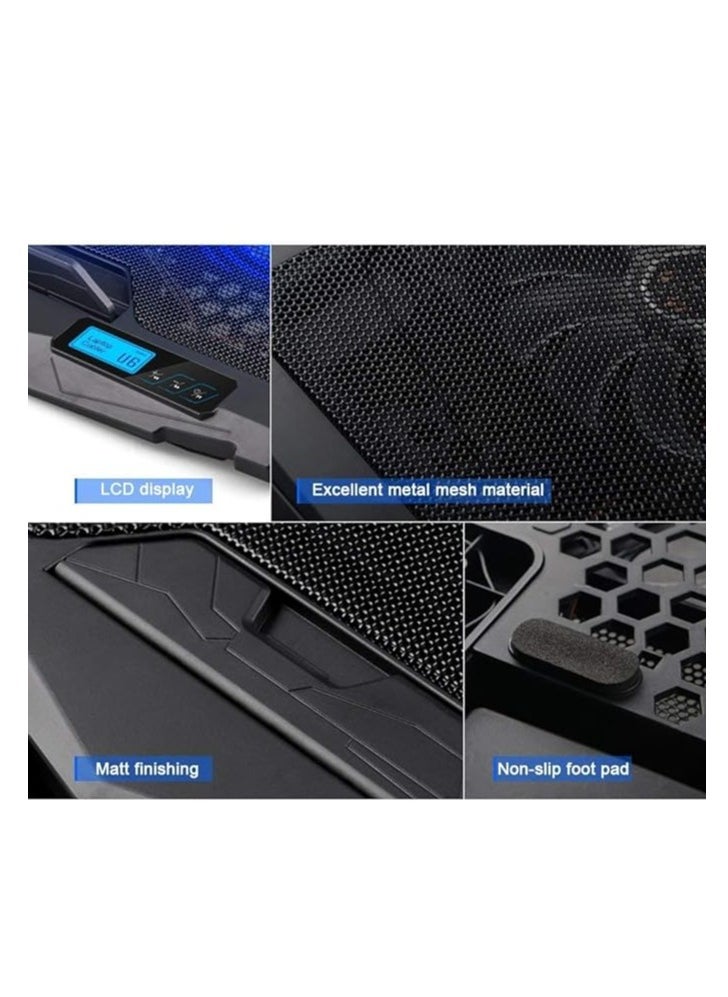 Riamoon - Riamoon Quiet Laptop Cooling Fan 2 USB Ports with Blue LED Light LCD Display for 10-15.6in PC - Image 1