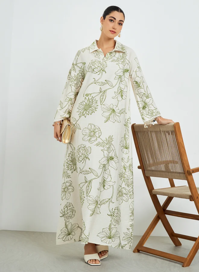 Floral Print Jalabiya with Round Drop Sleeve Trim