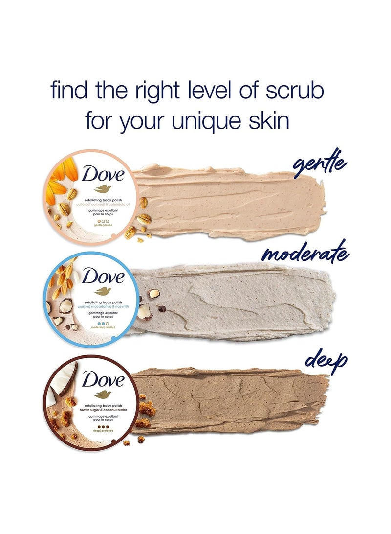 Dove يكشف مقشر تلميع الجسم المقشر من دوف عن بشرة أكثر نعومة بشكل واضح من المكاداميا وحليب الأرز الذي يغذي البشرة، 10.5 أونصة - Image 4