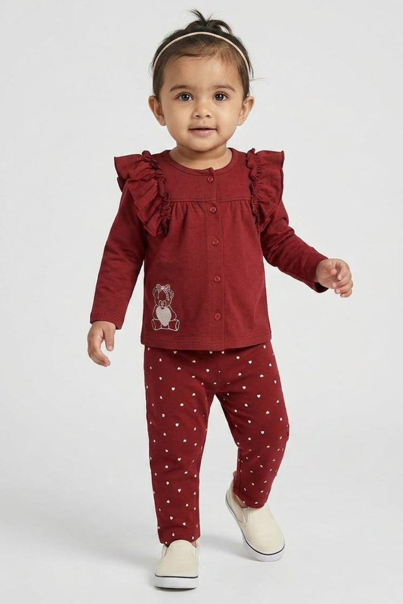 POPEES Toddlers Girl 2Pcs Allover Print Top And Pants Set, Maroon - Image 1