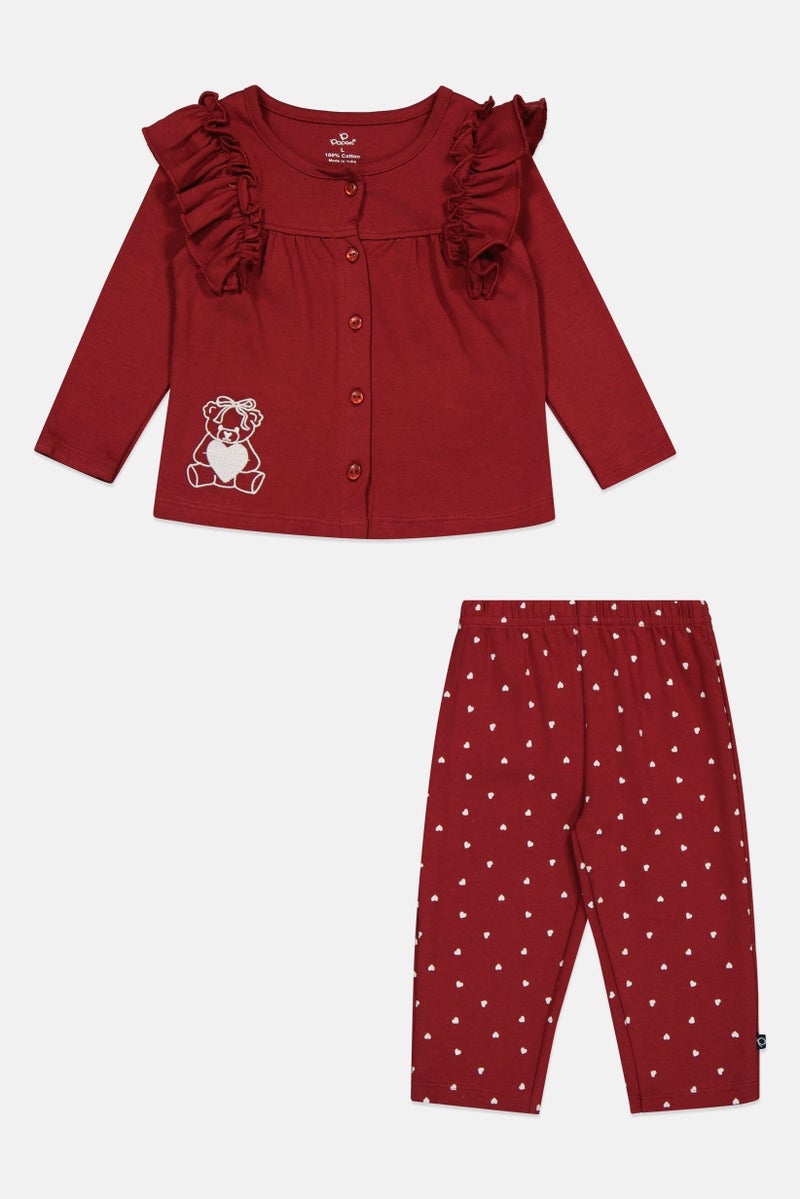 POPEES Toddlers Girl 2Pcs Allover Print Top And Pants Set, Maroon - Image 2