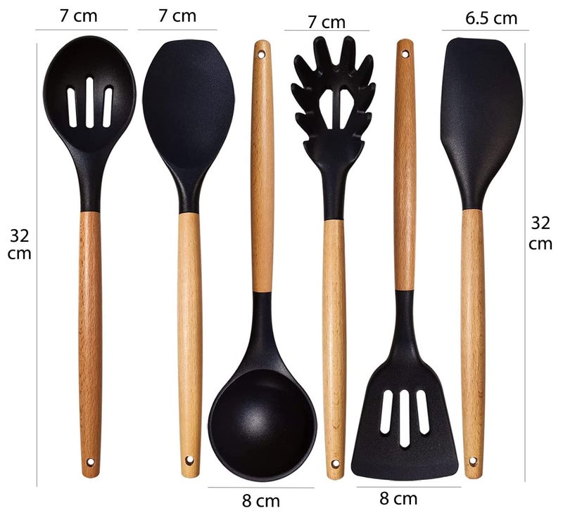 FS COOL 6Piece Silicone Kitchen Utensils Set for Cooking Heat Resistant Kitchen Utensils with Wooden Handle Kitchen Spatula Sets for Nonstick CookwareBlack - Image 2