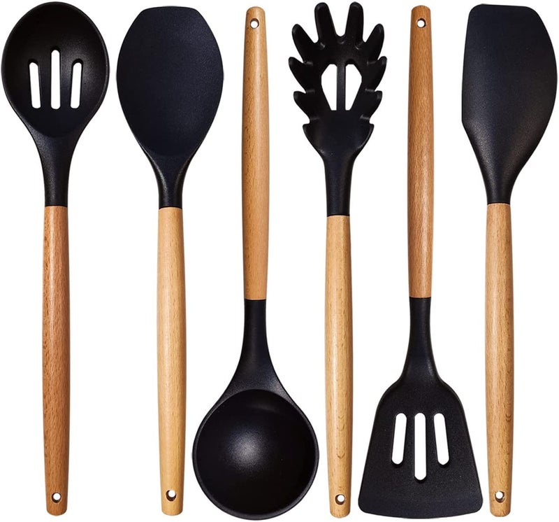 FS COOL 6Piece Silicone Kitchen Utensils Set for Cooking Heat Resistant Kitchen Utensils with Wooden Handle Kitchen Spatula Sets for Nonstick CookwareBlack - Image 1