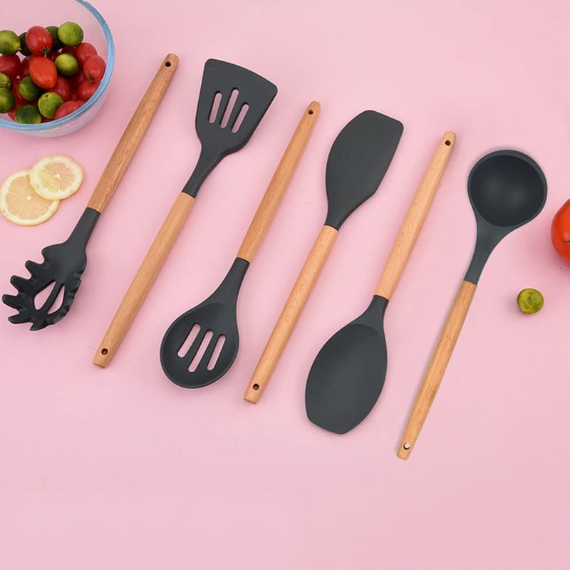 FS COOL 6Piece Silicone Kitchen Utensils Set for Cooking Heat Resistant Kitchen Utensils with Wooden Handle Kitchen Spatula Sets for Nonstick CookwareBlack - Image 4