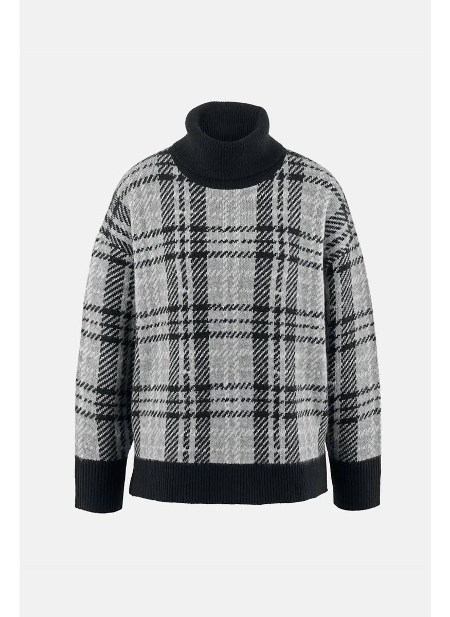 Tchibo Women Turtle Neck Plaid Long Sleeve Sweater, Grey  - Image 2