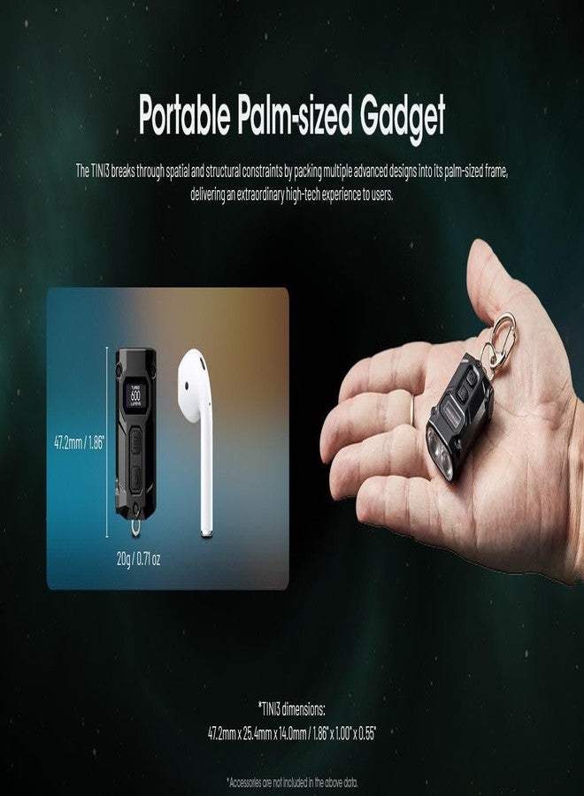 نايت كور مصباح Nitecore TINI3 MCT KRYCHAIN - أسود، مصباح TINI3 MCT الذكي متعدد درجات حرارة الألوان، أسود - 600 لومن مع كابل شحن Eco-Sensa - Image 4