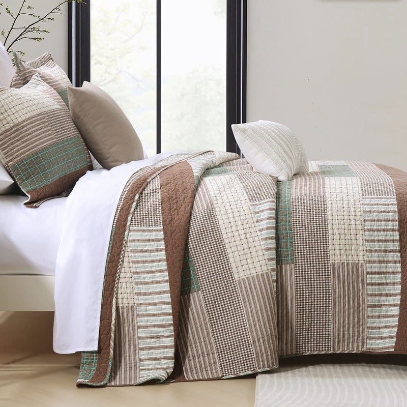 Finlonte Quilt King Size 100% Cotton King Size Quilts Brown Green Beige Bedspreads Plaid Quilts Lightweight Soft Breathable Bedding Sets for All Season, 3 Piece - Image 3