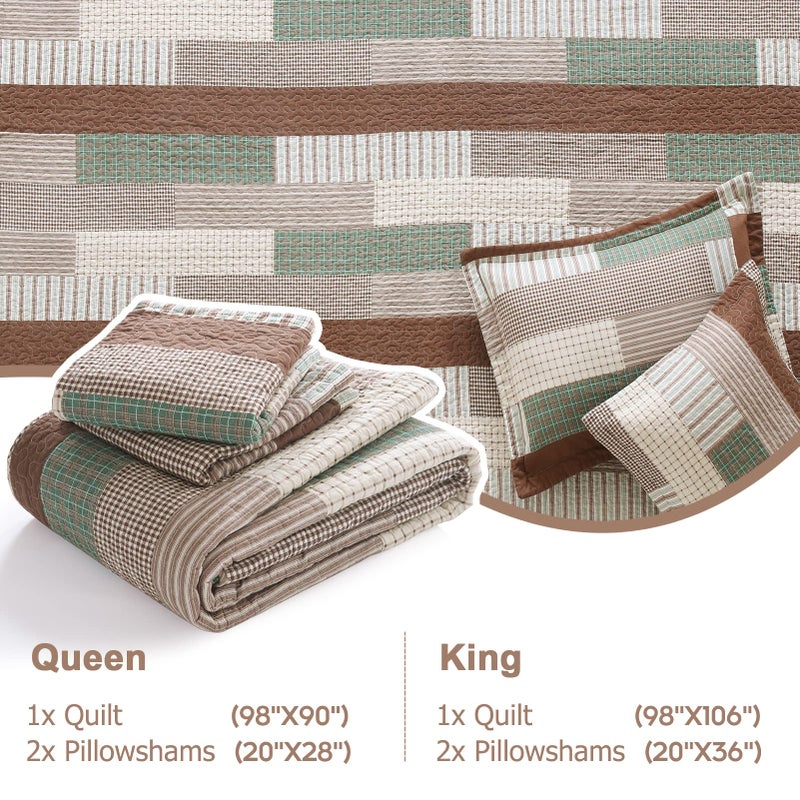Finlonte Quilt King Size 100% Cotton King Size Quilts Brown Green Beige Bedspreads Plaid Quilts Lightweight Soft Breathable Bedding Sets for All Season, 3 Piece - Image 5