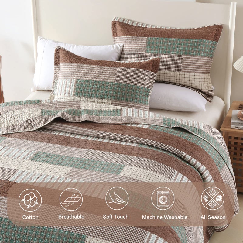 Finlonte Quilt King Size 100% Cotton King Size Quilts Brown Green Beige Bedspreads Plaid Quilts Lightweight Soft Breathable Bedding Sets for All Season, 3 Piece - Image 4
