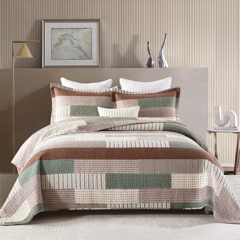 Finlonte Quilt King Size 100% Cotton King Size Quilts Brown Green Beige Bedspreads Plaid Quilts Lightweight Soft Breathable Bedding Sets for All Season, 3 Piece - Image 1