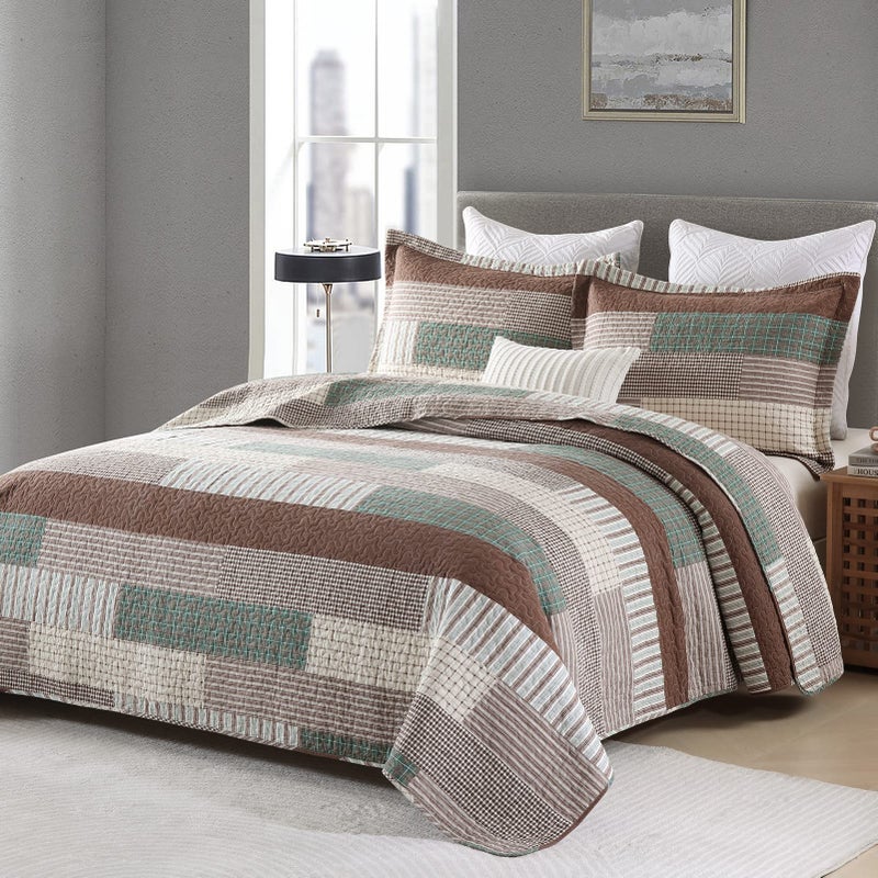 Finlonte Quilt King Size 100% Cotton King Size Quilts Brown Green Beige Bedspreads Plaid Quilts Lightweight Soft Breathable Bedding Sets for All Season, 3 Piece - Image 2