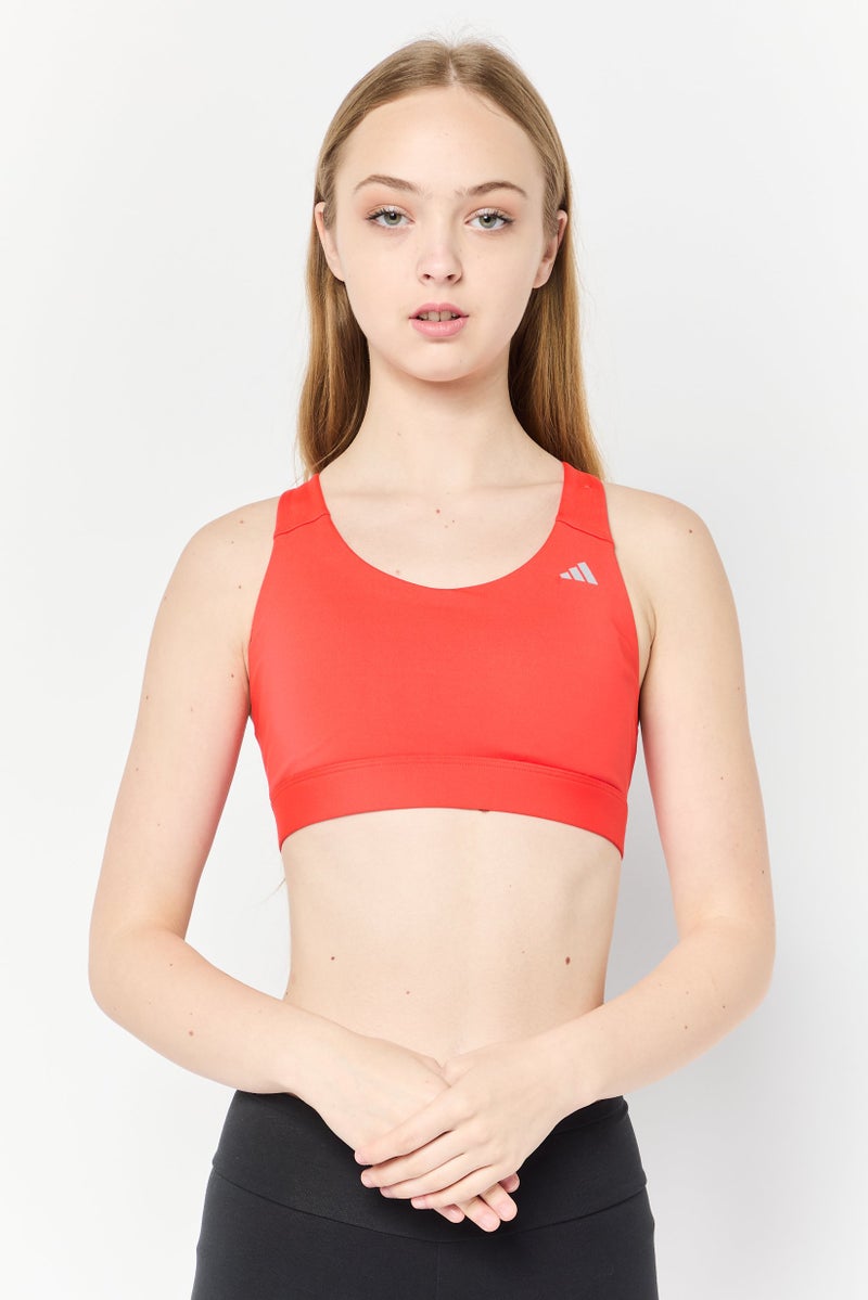 Adidas حمالة صدر رياضية مبطنة بشعار العلامة التجارية للنساء، أحمر نيون - Image 1