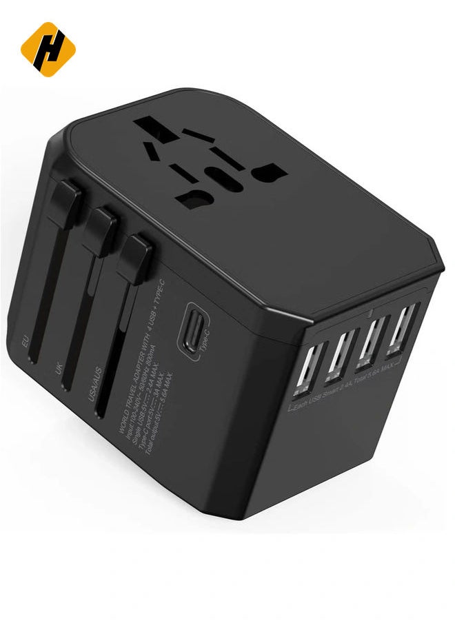 HuHa Universal International Travel Power Adapter with 3 USB + 1 Type C Charging Ports, European Adapter, Worldwide AC Outlet Plugs Adapters for Europe, UK, US, AU  - Image 1