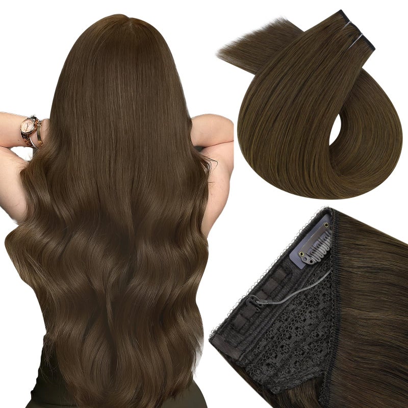 Easyouth Wire Hair Extensions Real Human Hair Brown Wire Human Hair Extensions Brown 14 Inch Fish Line Hair Extension Real Human Hair Easy of Use 70g Invisible Wire Hair Extension Reusable