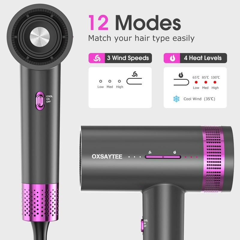 1800W Ionic Hair Dryer, Professional Salon Hair Blow Dryer, 3 Heating/2 Speed/Cold Settings Blow Dryer with 2 Concentrator, 1 Diffuser Foldable Hair Dryer For Home Salon Travel (grey-02) - Image 2