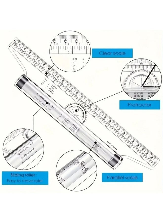 Transparent Multi Functional Parallel Drawing Ruler Dual Scale Cm Inch Protractor - Image 3