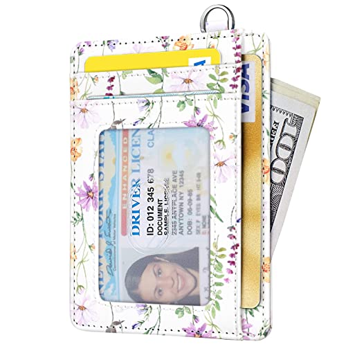 Coco Rossi Slim Front Pocket Wallet RFID ID Card Holder Cute Small Wallet with Keychian for Women,White Daisy - Image 2
