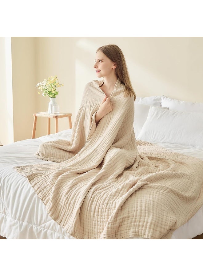 EMME Cotton Bed Blanket Soft Muslin Boho Bedding Lightweight Breathable Twin Blanket All Season Gauze Blanket, Light Tan - Image 4