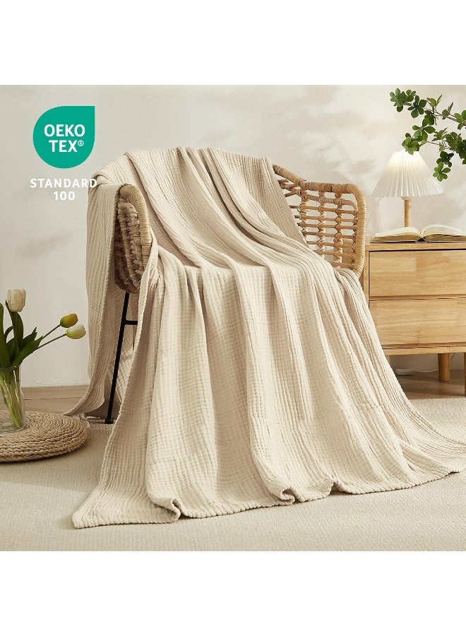 EMME Cotton Bed Blanket Soft Muslin Boho Bedding Lightweight Breathable Twin Blanket All Season Gauze Blanket, Light Tan - Image 2