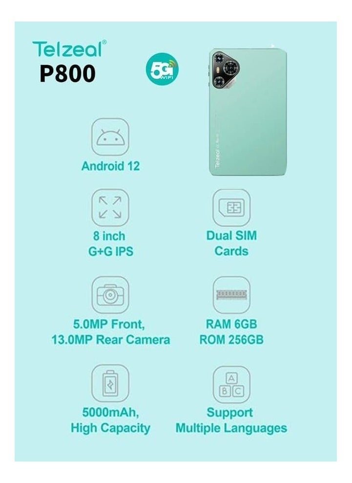 Telzeal - P800 Tablet 8 Inch Android 12 Dual SIM 6GB RAM 256GB ROM 5G WiFi 5000mAh Battery with Wireless Keyboard – Portable High-Performance Green Tablet for Work, Study & Entertainment - Image 1