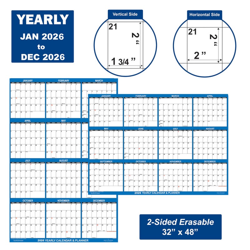 Swiftmaps 32" x 48" SwiftGlimpse 2026 Wall Calendar Erasable Large XL Wet & Dry Erase Laminated 12 Month Annual Yearly Wall Planner, Reversible, Navy - Image 4