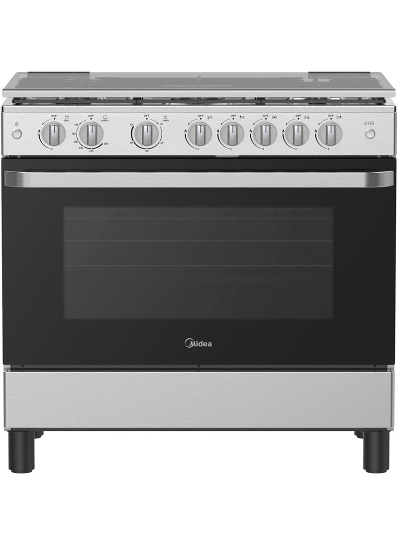 مديا موقد قائم من الفولاذ المقاوم للصدأ 90x60 سم، مجموعة طهي غاز كاملة مع موقد XpressGrill وإشعال تلقائي، مروحة حمل حراري، خيار قلي الهواء، دعم مقلاة من الحديد الزهر - Image 1