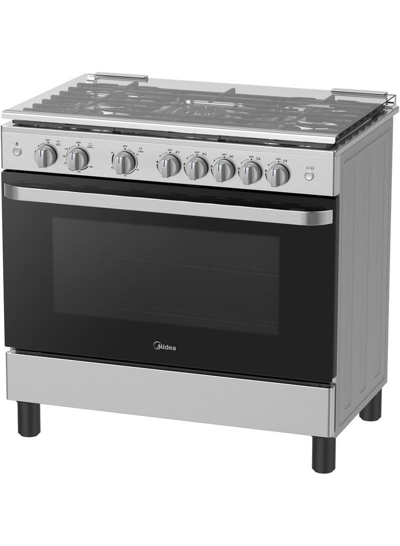 مديا موقد قائم من الفولاذ المقاوم للصدأ 90x60 سم، مجموعة طهي غاز كاملة مع موقد XpressGrill وإشعال تلقائي، مروحة حمل حراري، خيار قلي الهواء، دعم مقلاة من الحديد الزهر - Image 2
